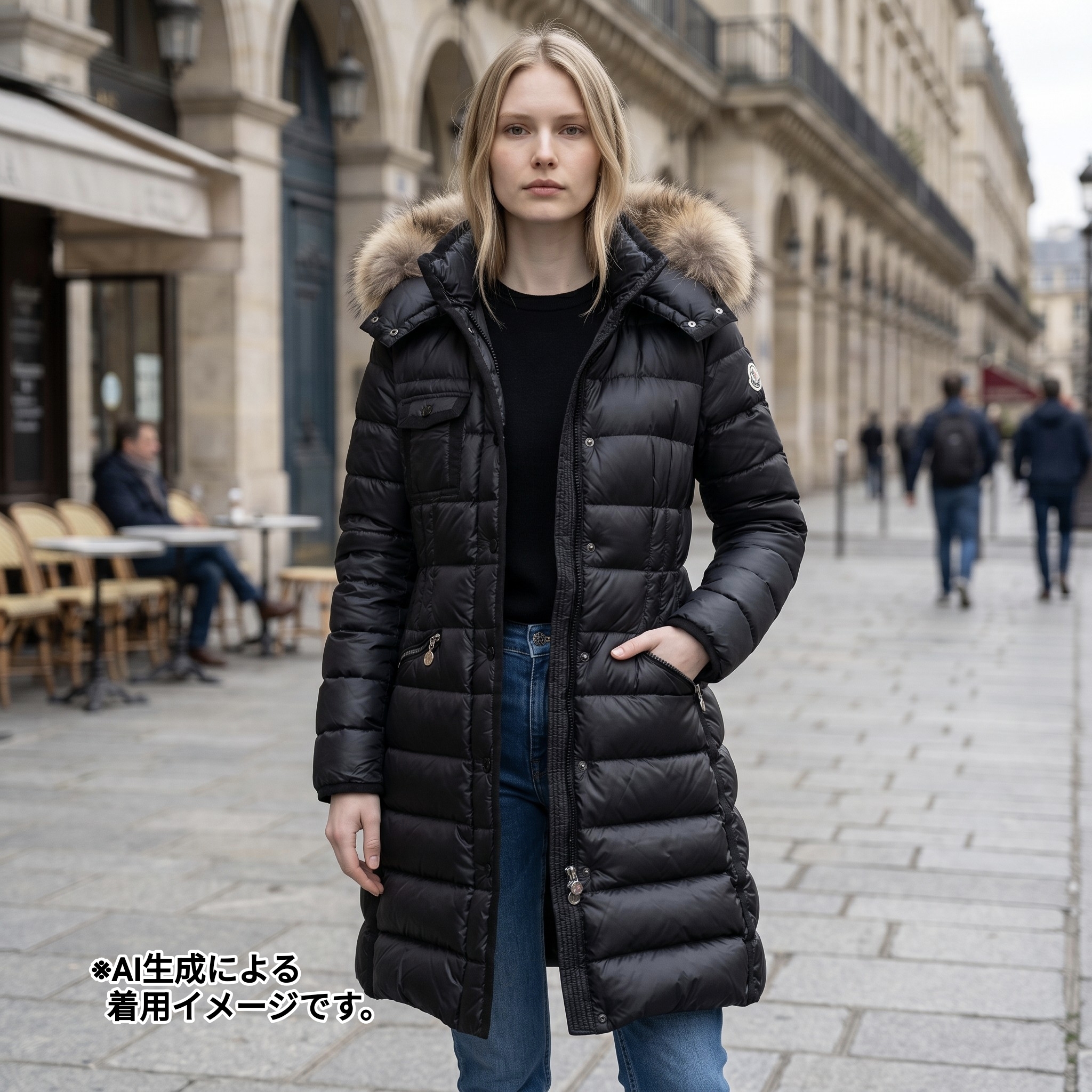 モンクレール（MONCLER）HERMIFUR ロングダウンコート ブラック レディース サイズ00｜AI生成着用イメージ