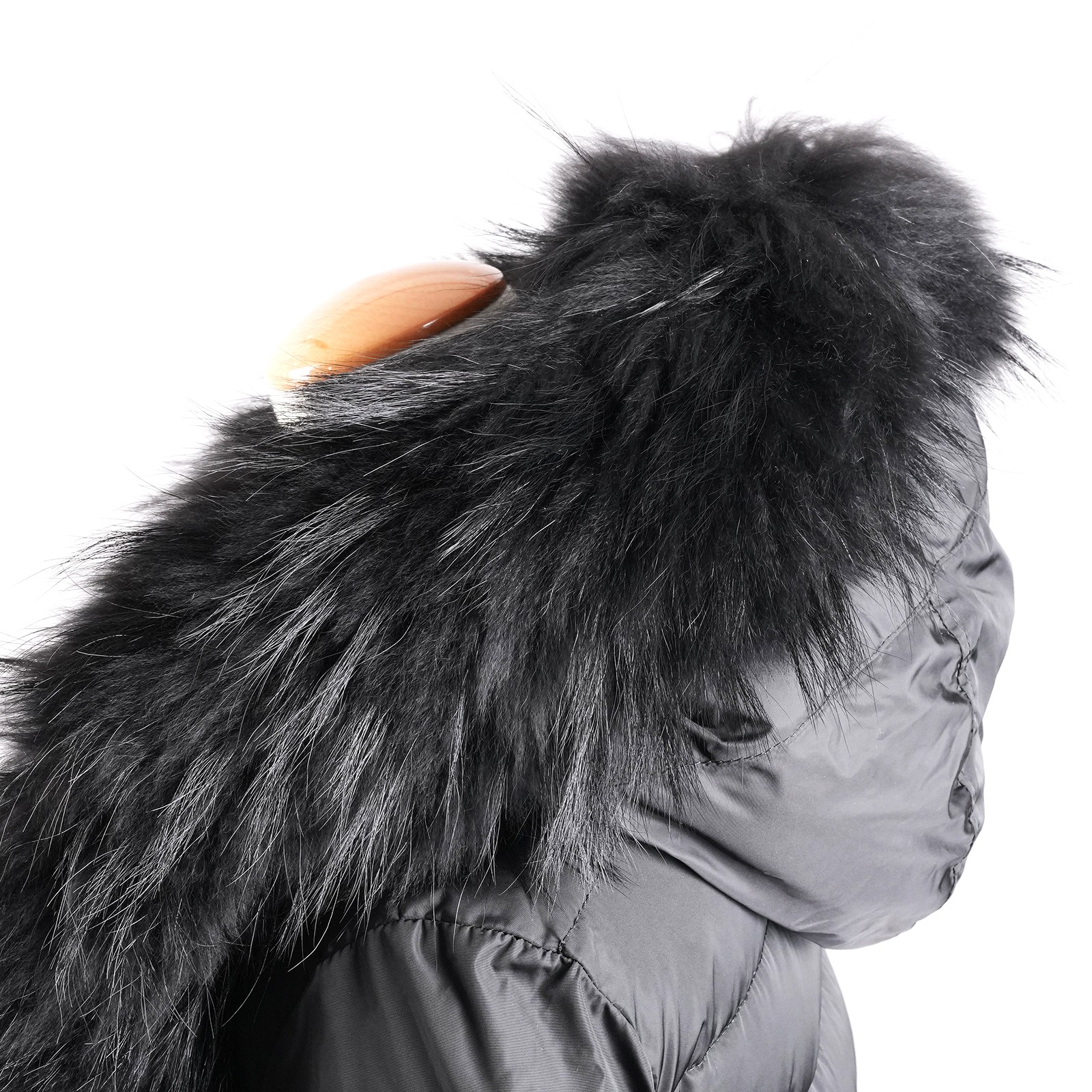 モンクレール（MONCLER）LYNXE フード付きダウンコート ブラック レディース サイズ0｜取り外し可能なタヌキファートリム接写
