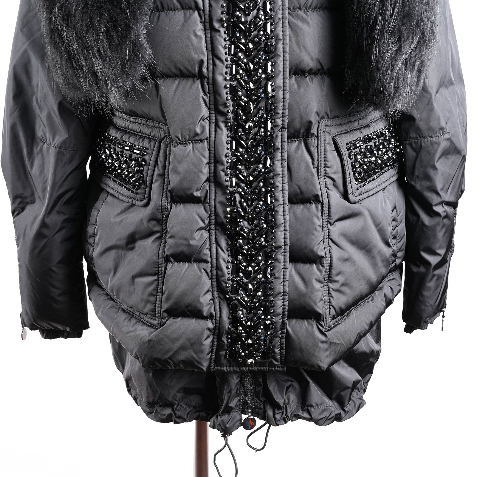 モンクレール（MONCLER）LYNXE フード付きダウンコート ブラック レディース サイズ0｜フロントビジュー・ポケット・ドローコード裾