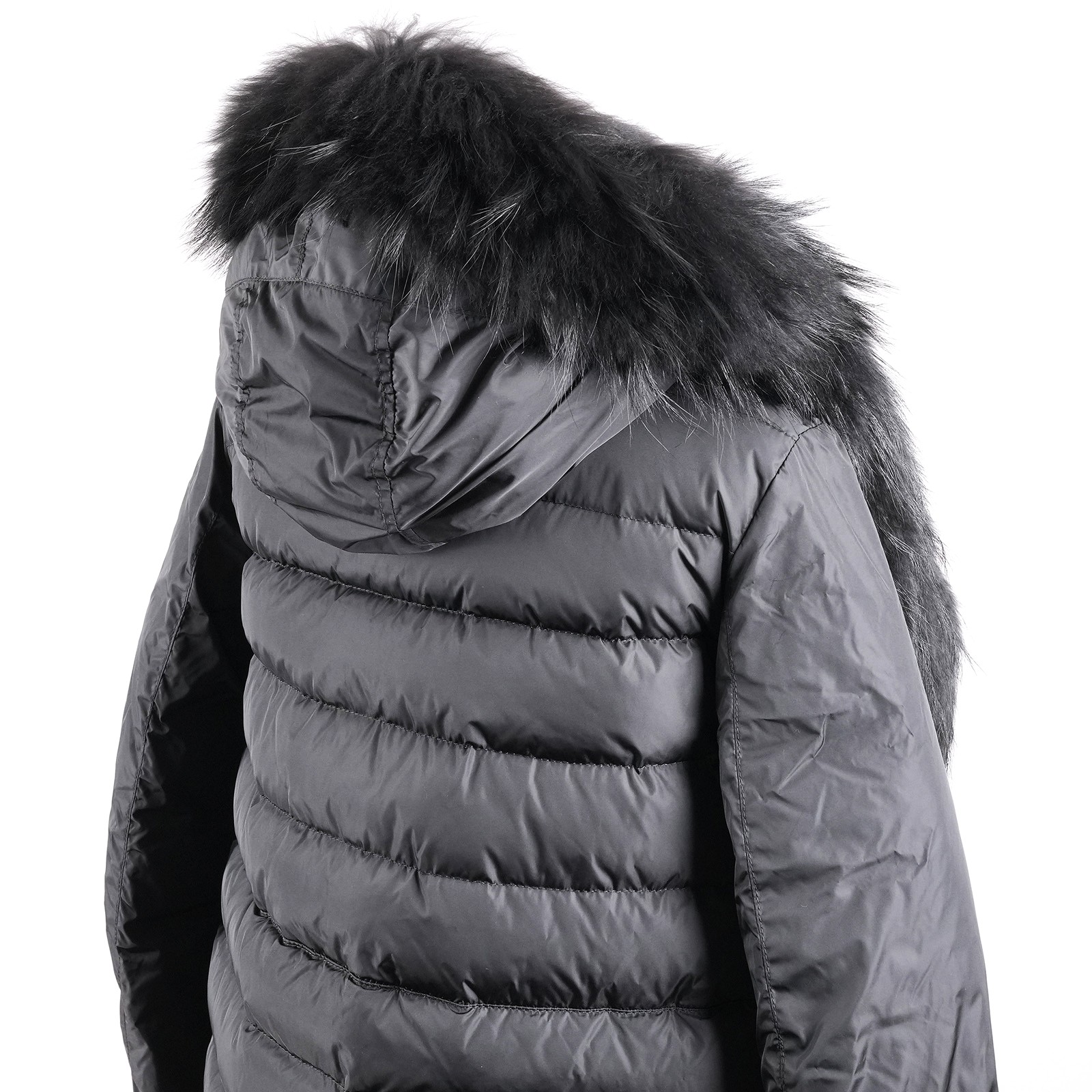 モンクレール（MONCLER）LYNXE フード付きダウンコート ブラック レディース サイズ0｜フードとタヌキファートリム背面上部